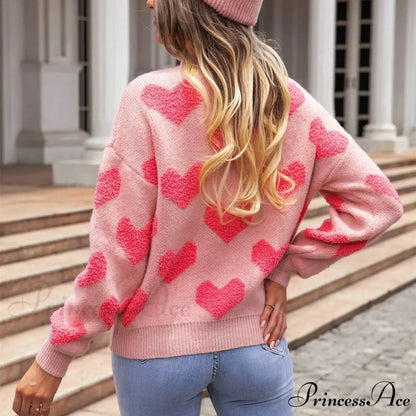 Casual Cozy Loose Pink Heart Pattern Comfortable Long Sleeve Fashionable Sweater