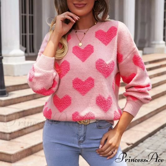 Casual Cozy Loose Pink Heart Pattern Comfortable Long Sleeve Fashionable Sweater