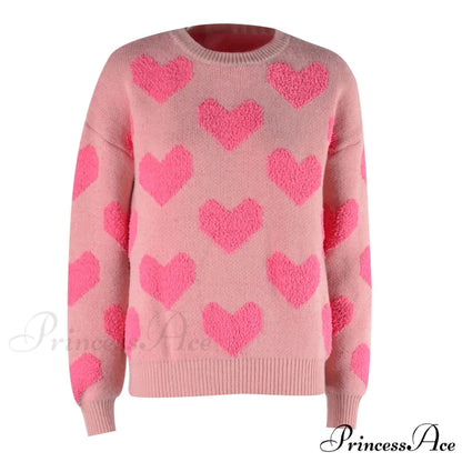 Casual Cozy Loose Pink Heart Pattern Comfortable Long Sleeve Fashionable Sweater