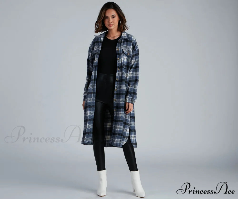 Casual Cozy Plaid Shacket BLUE / S/M