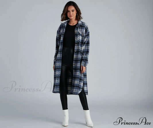 Casual Cozy Plaid Shacket BLUE / S/M