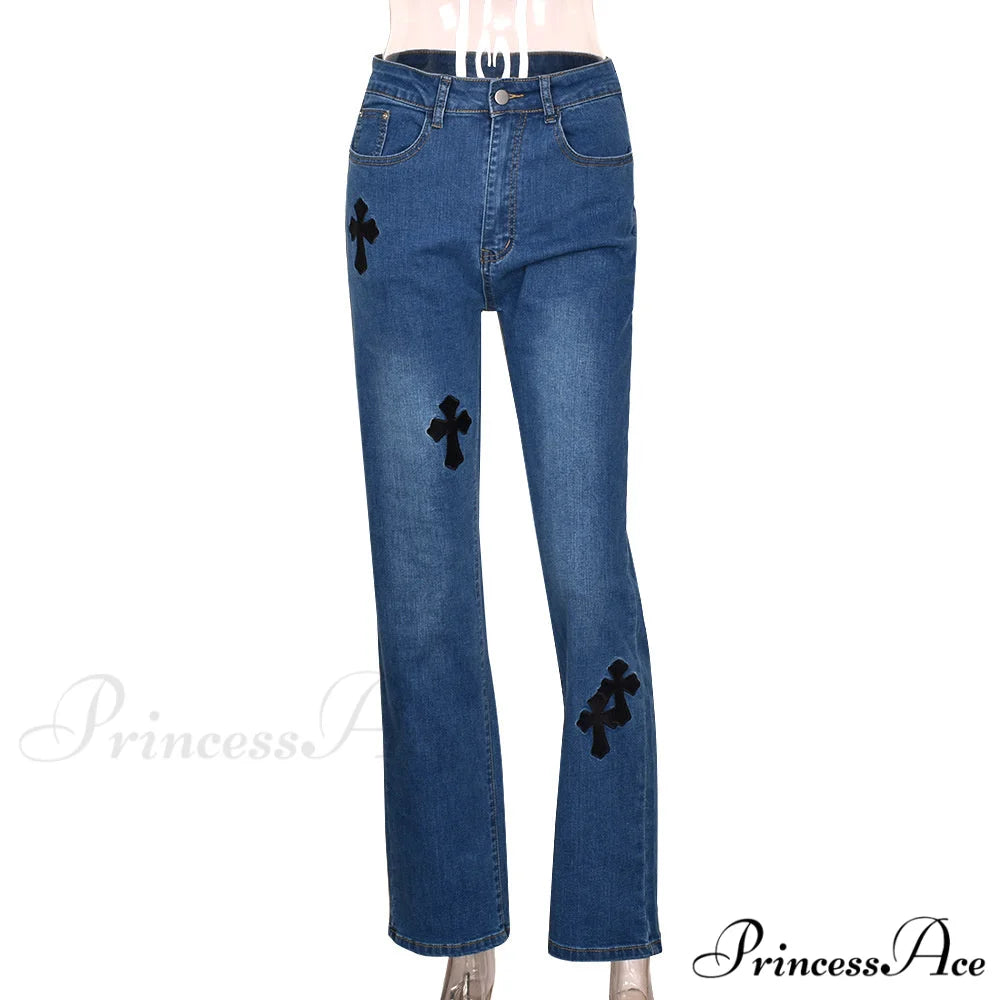 Casual Cross Printed Baggy Jeans Blue / S
