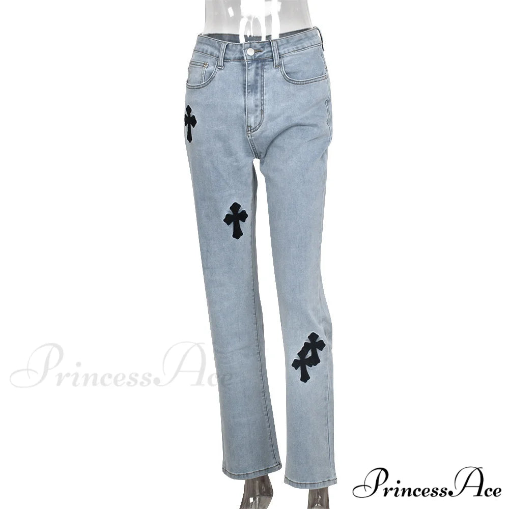 Casual Cross Printed Baggy Jeans Light Blue / S