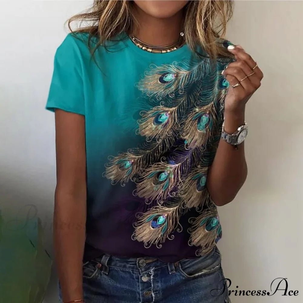 Casual Design Feather T-Shirt Green / S