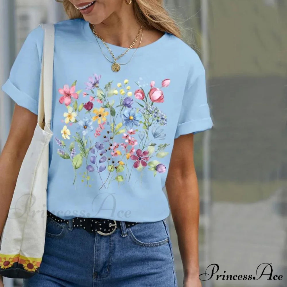 Casual Design Flowered T-Shirt Blue / S