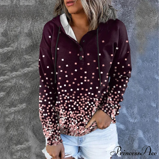 Casual Drawstring Button Sequins Printed Hooded Sweatshirts Pink / S