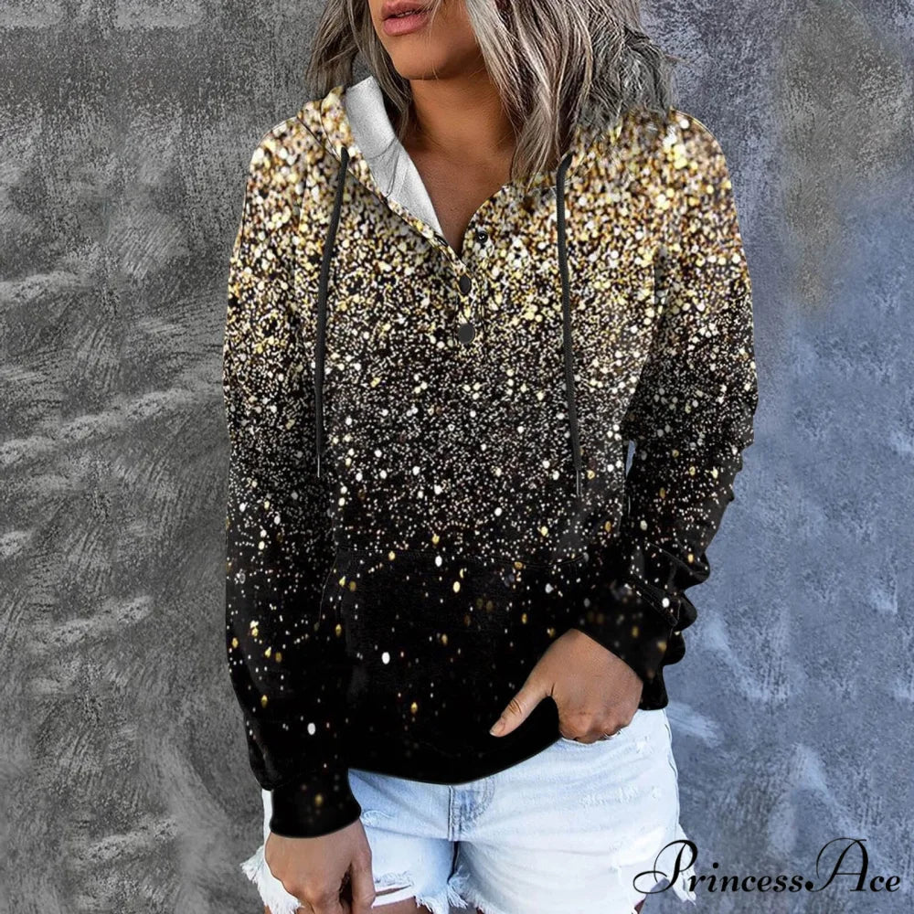 Casual Drawstring Button Sequins Printed Hooded Sweatshirts Yellow / S