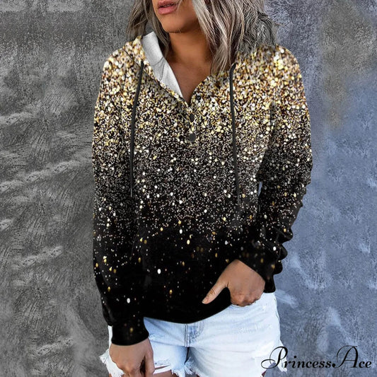 Casual Drawstring Button Sequins Printed Hooded Sweatshirts Yellow / S Sweatshirts & Hoodies-L