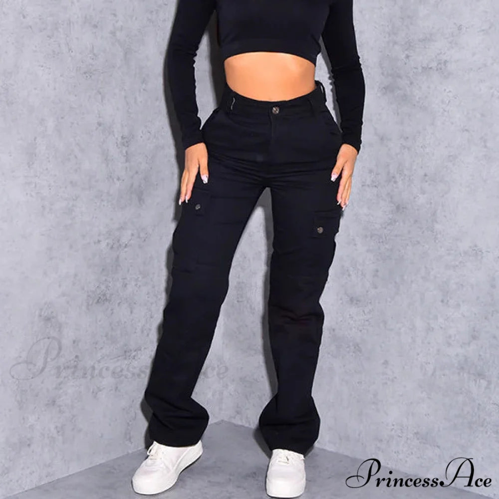 Casual Elastic High Waist Baggy Cargo Y2k Wide Slim Women Pants Streetwear Trousers Vintage Leg Fashion Jeans black / S