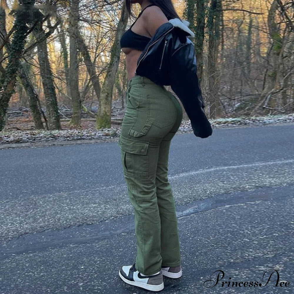 Casual Elastic High Waist Baggy Cargo Y2k Wide Slim Women Pants Streetwear Trousers Vintage Leg Fashion Jeans green / S