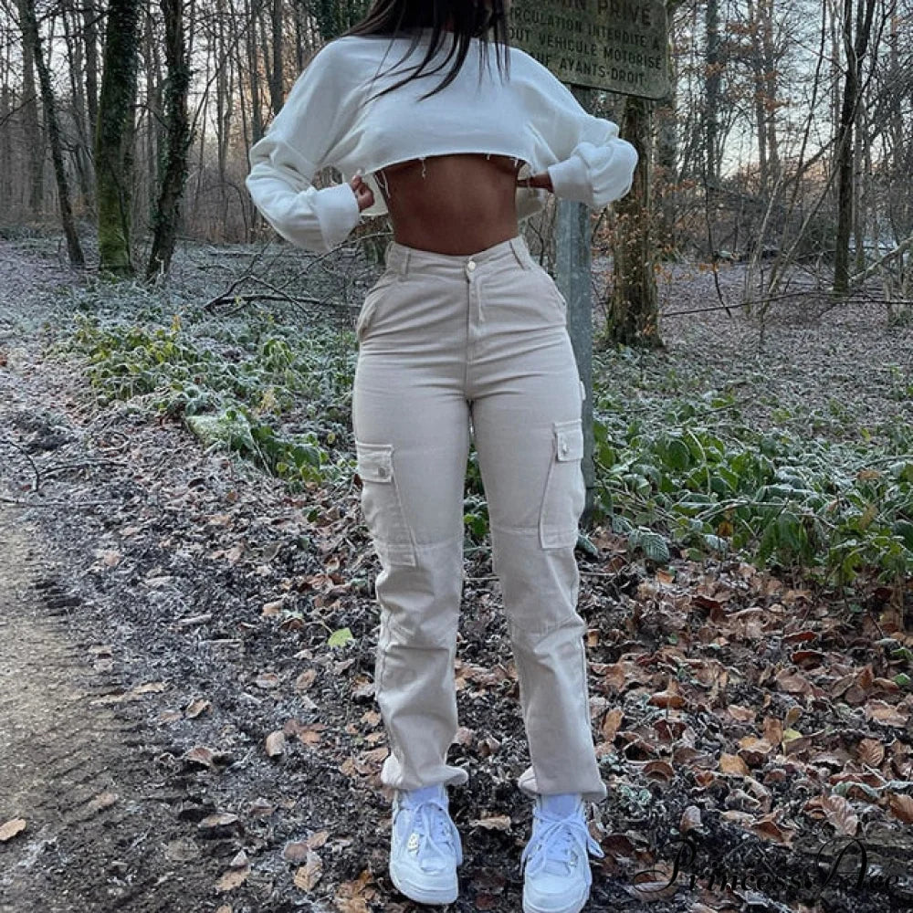 Casual Elastic High Waist Baggy Cargo Y2k Wide Slim Women Pants Streetwear Trousers Vintage Leg Fashion Jeans Ivory / S