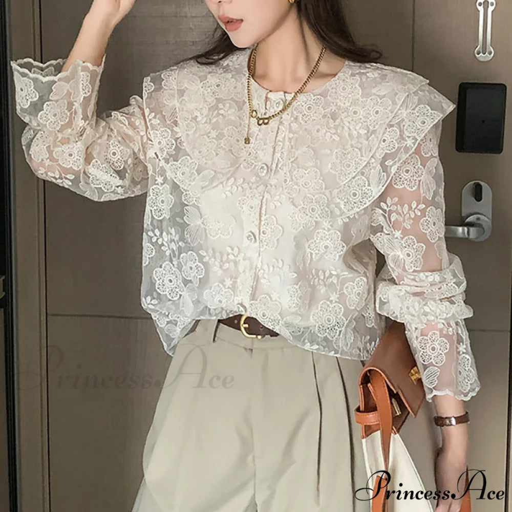 Casual Elegant Oversized Up Neckline Pan Ruffles Button Blouses 2024 Arm Peter Long Blouse Lace Women’s Top APRICOT / S