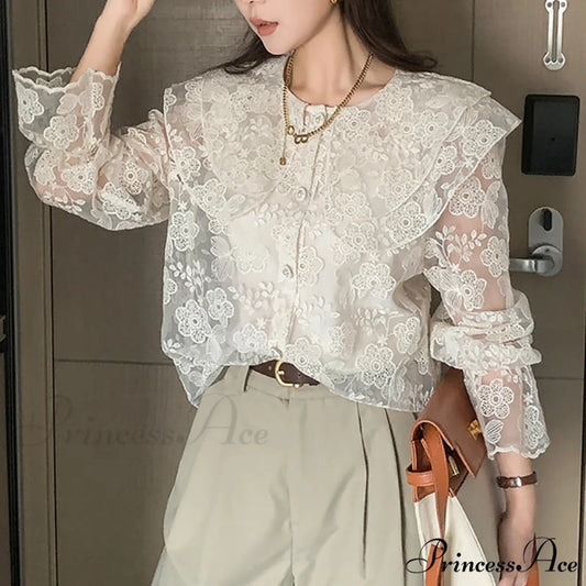 Casual Elegant Oversized Up Neckline Pan Ruffles Button Blouses 2024 Arm Peter Long Blouse Lace Women’s Top APRICOT / S