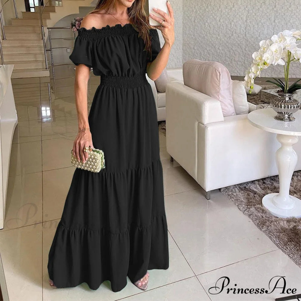 Casual Elegant Ruffle Halter Sleeveless Classic Female Party Outfits Beach Maxi Dress Black / S