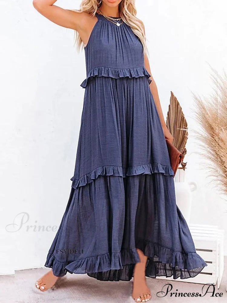 Casual Elegant Ruffle Halter Sleeveless Classic Female Party Outfits Beach Maxi Dress deep blue / S