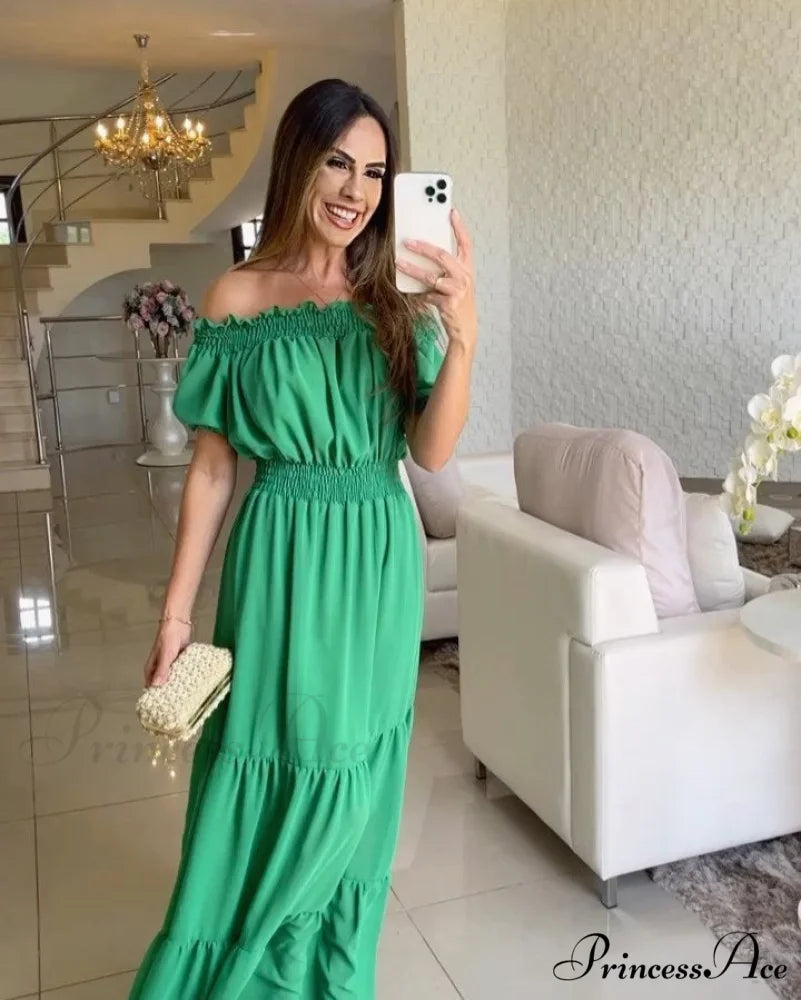 Casual Elegant Ruffle Halter Sleeveless Classic Female Party Outfits Beach Maxi Dress Green-02 / S