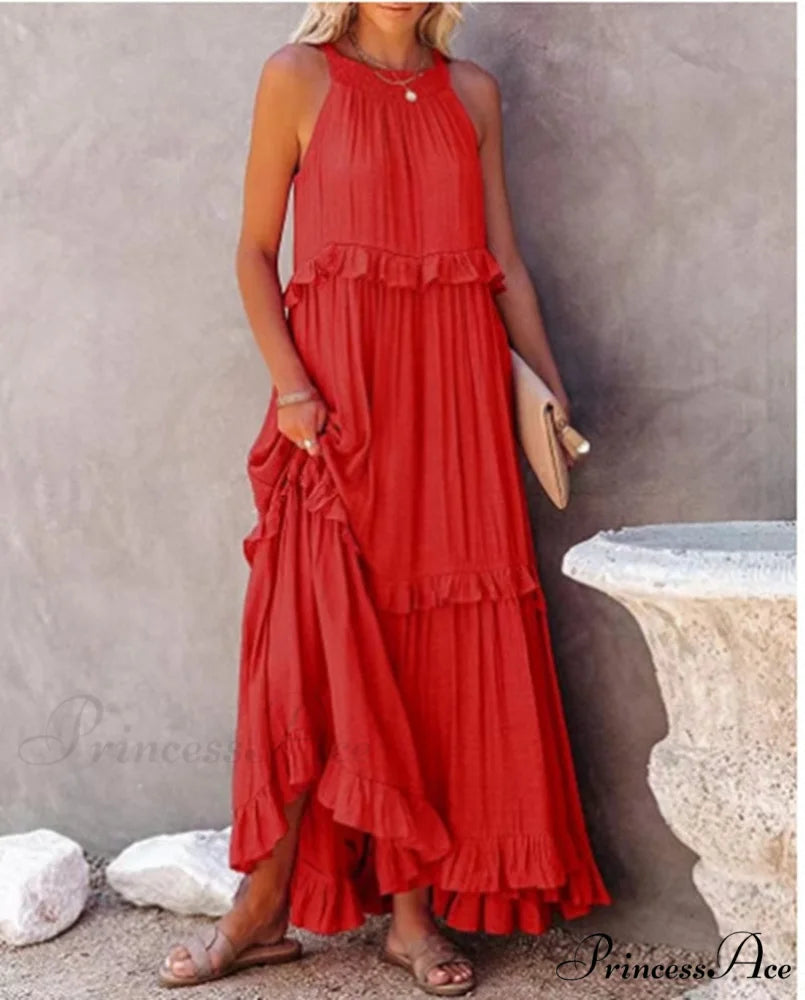 Casual Elegant Ruffle Halter Sleeveless Classic Female Party Outfits Beach Maxi Dress Orange Red / S
