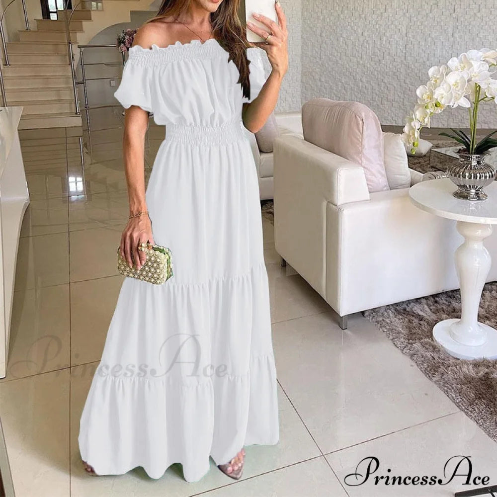 Casual Elegant Ruffle Halter Sleeveless Classic Female Party Outfits Beach Maxi Dress White-02 / S