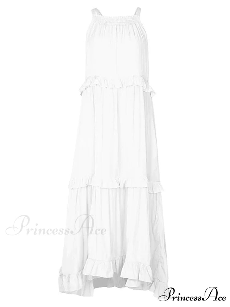 Casual Elegant Ruffle Halter Sleeveless Classic Female Party Outfits Beach Maxi Dress White / S