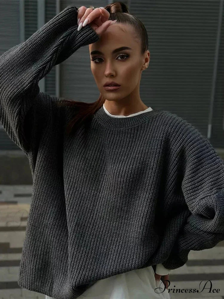 Casual Elegant Striped Cozy Oversize Autumnal Gray Fashionable Sweater
