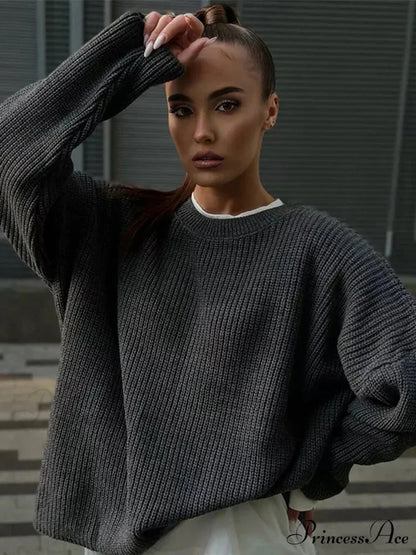 Casual Elegant Striped Cozy Oversize Autumnal Gray Fashionable Sweater
