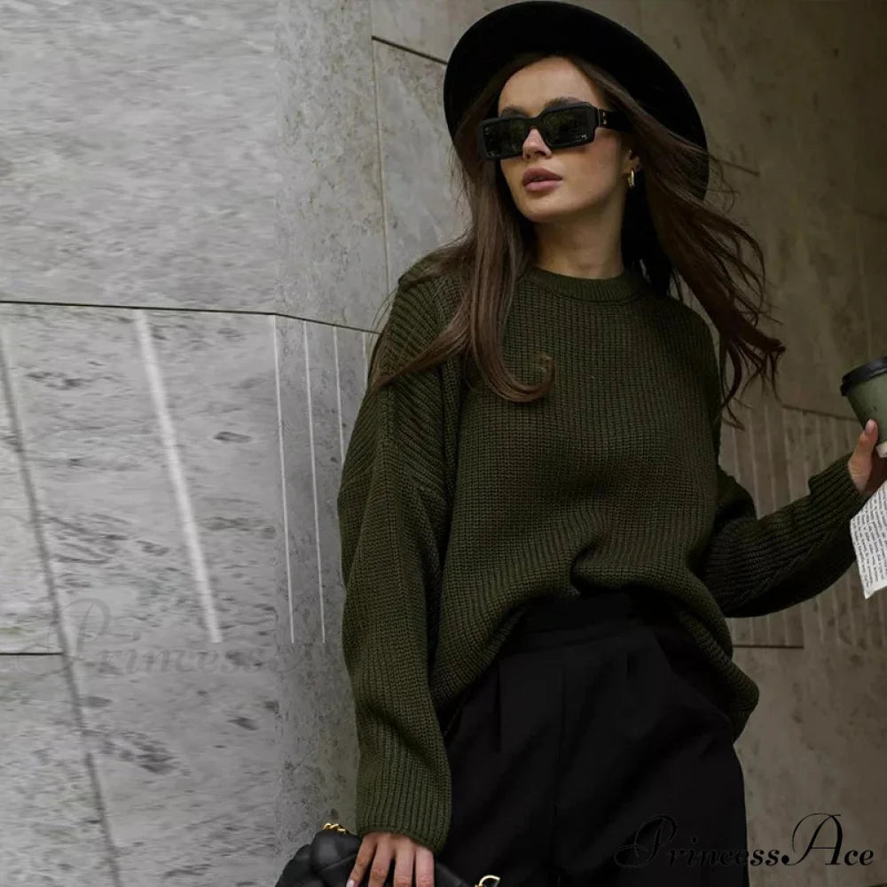 Casual Elegant Striped Cozy Oversize Autumnal Gray Fashionable Sweater ArmyGreen / S