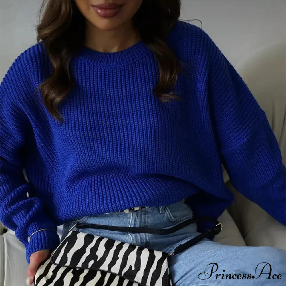 Casual Elegant Striped Cozy Oversize Autumnal Gray Fashionable Sweater Blue / S