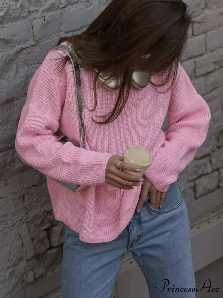 Casual Elegant Striped Cozy Oversize Autumnal Gray Fashionable Sweater Pink / S