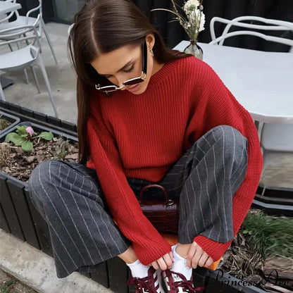 Casual Elegant Striped Cozy Oversize Autumnal Gray Fashionable Sweater Red wine / S