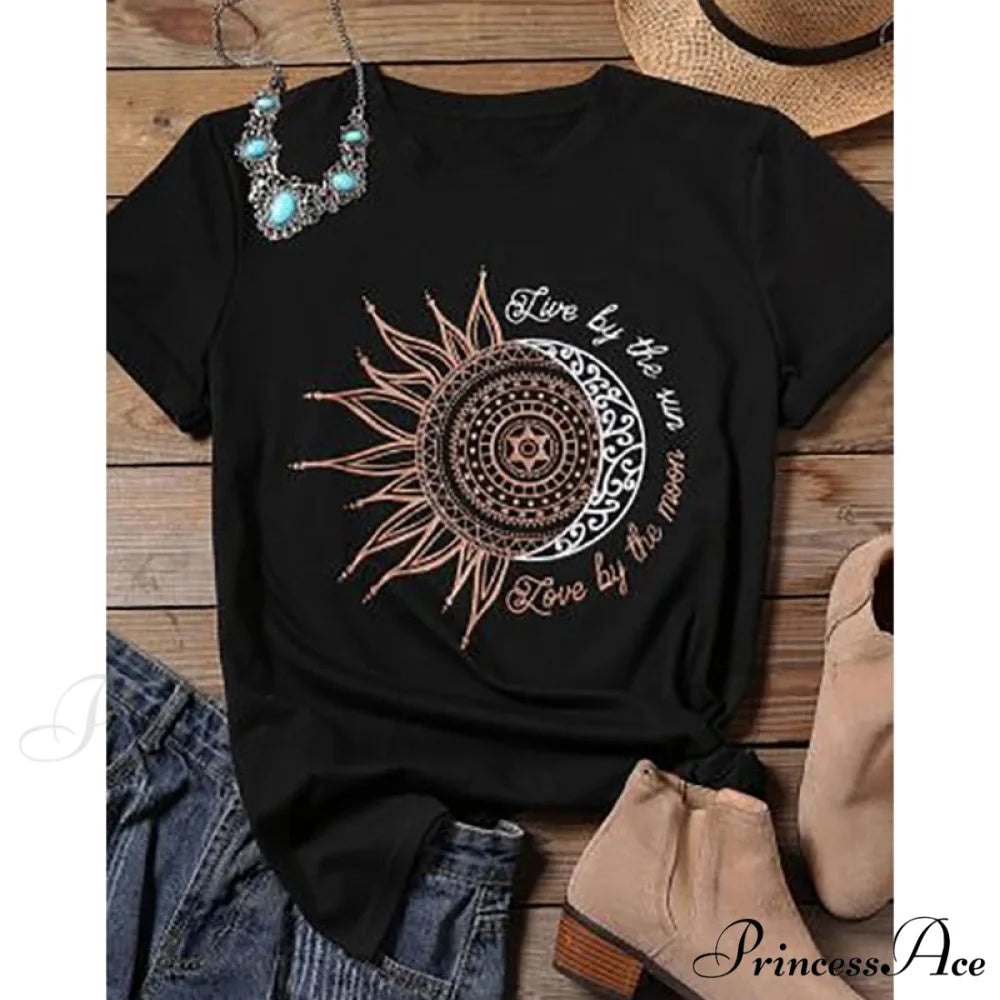 Casual Fashion Letter Sun Moon Print T-shirt