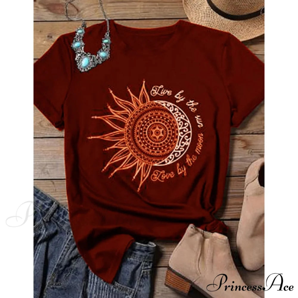 Casual Fashion Letter Sun Moon Print T-shirt Burgundy / S