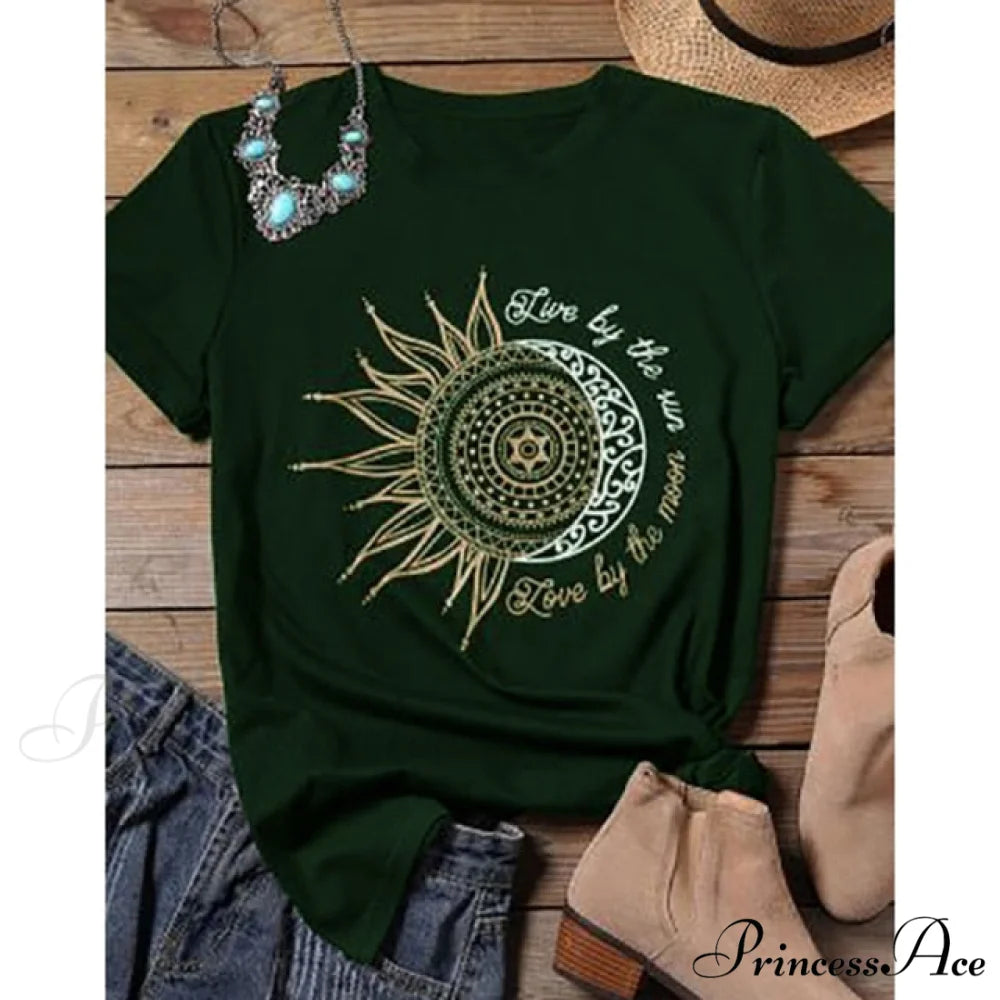 Casual Fashion Letter Sun Moon Print T-shirt green / S