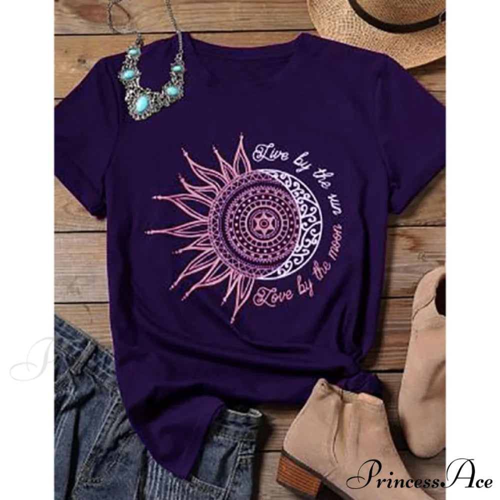 Casual Fashion Letter Sun Moon Print T-shirt Purple / S
