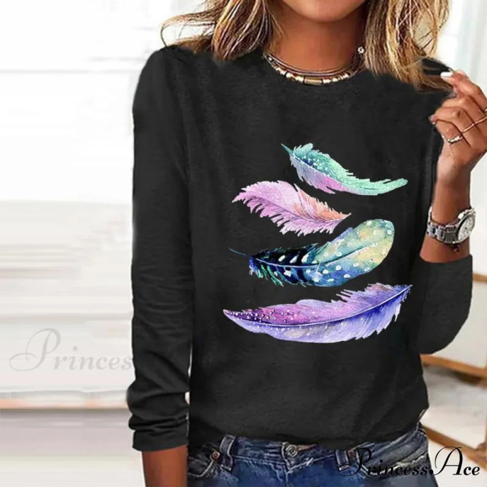 Casual Feather Design T-Shirt Black / S