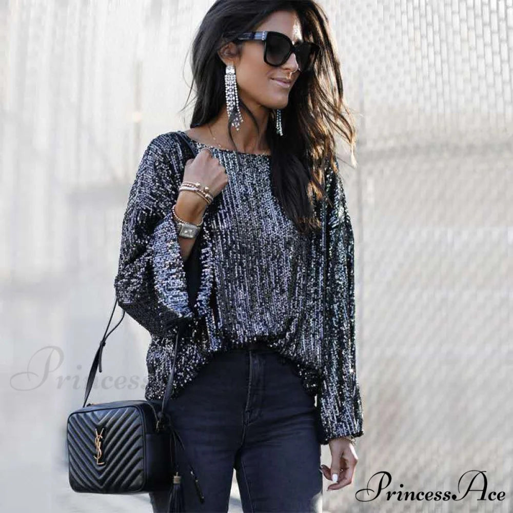 Casual Glitter Sequin Tunic O Neck Long Sleeve T-shirt