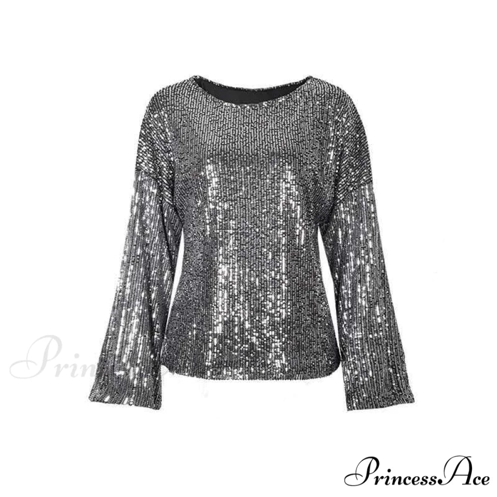 Casual Glitter Sequin Tunic O Neck Long Sleeve T-shirt