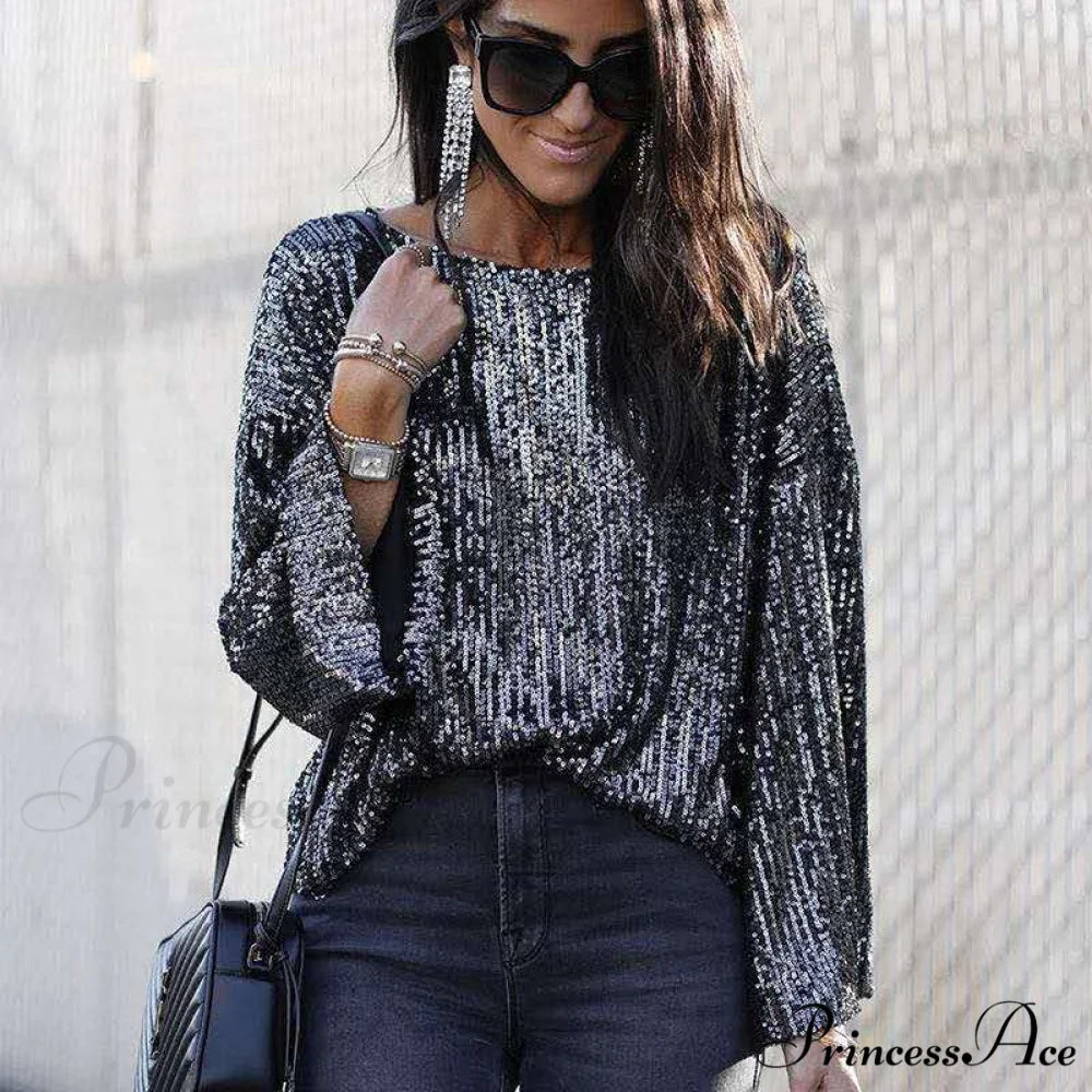 Casual Glitter Sequin Tunic O Neck Long Sleeve T-shirt