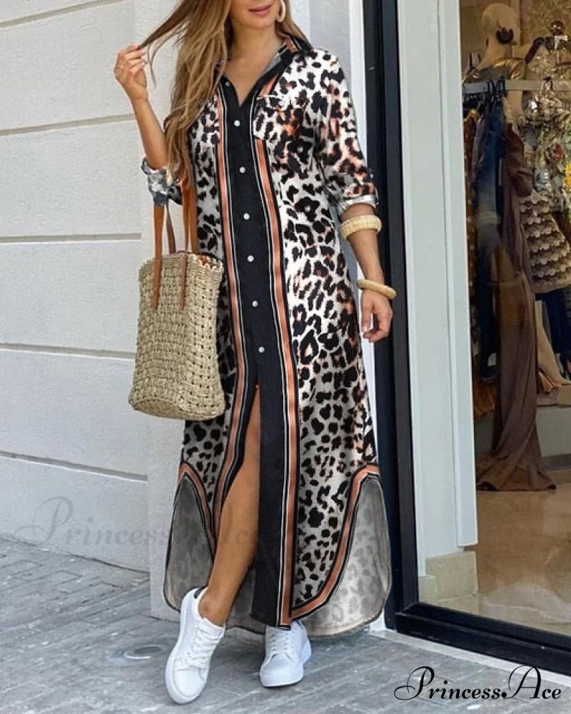 Casual Gown Button Commuter Blouse Loose Size Style Long Home Women’s Street Large Gown Print Style 10 / S