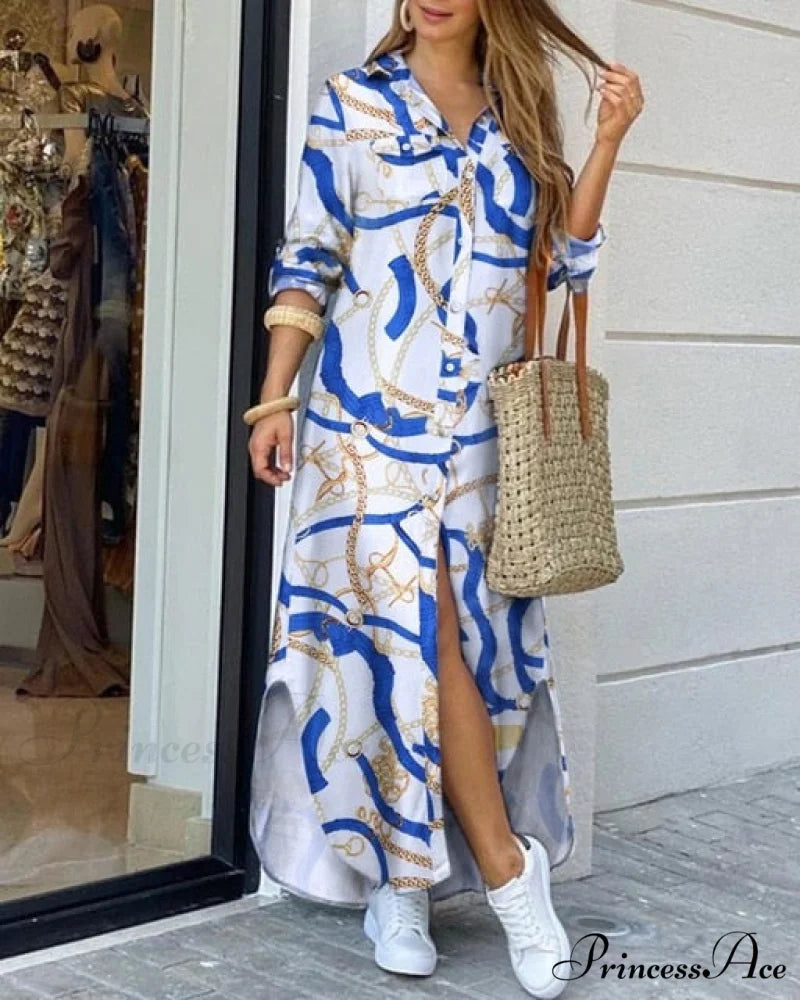 Casual Gown Button Commuter Blouse Loose Size Style Long Home Women’s Street Large Gown Print Style 11 / S