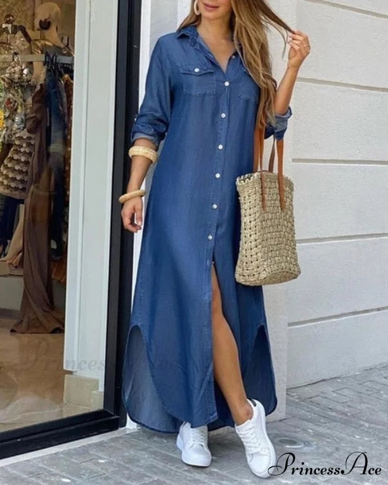 Casual Gown Button Commuter Blouse Loose Size Style Long Home Women’s Street Large Gown Print Style 2 / S