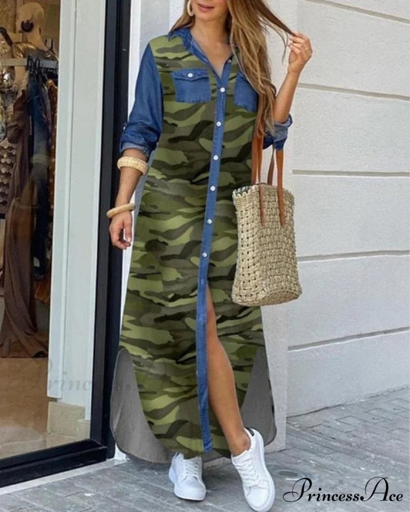 Casual Gown Button Commuter Blouse Loose Size Style Long Home Women’s Street Large Gown Print Style 3 / S