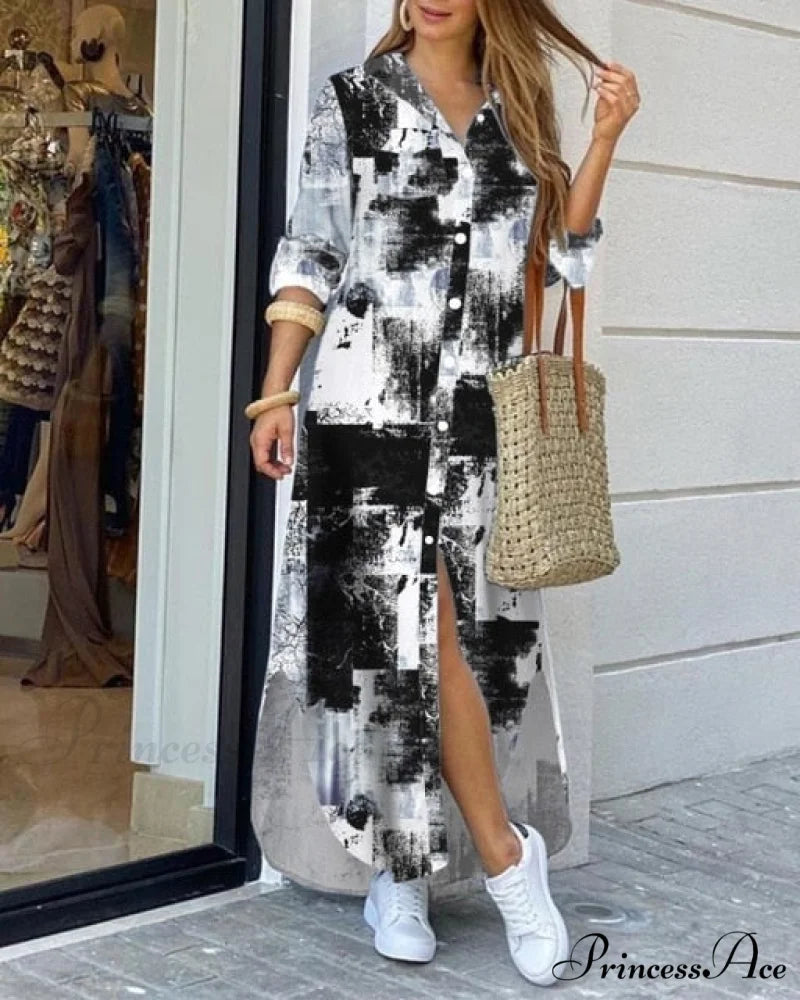 Casual Gown Button Commuter Blouse Loose Size Style Long Home Women’s Street Large Gown Print Style 5 / S