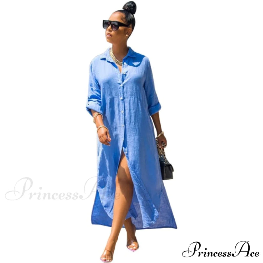 Casual Gown Button Commuter Blouse Loose Size Style Long Home Women’s Street Large Gown Print