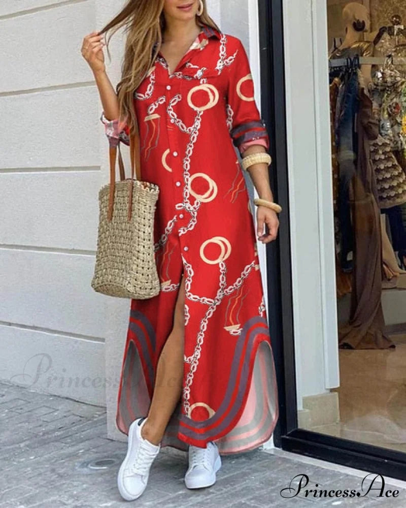 Casual Gown Button Commuter Blouse Loose Size Style Long Home Women’s Street Large Gown Print Style 7 / S