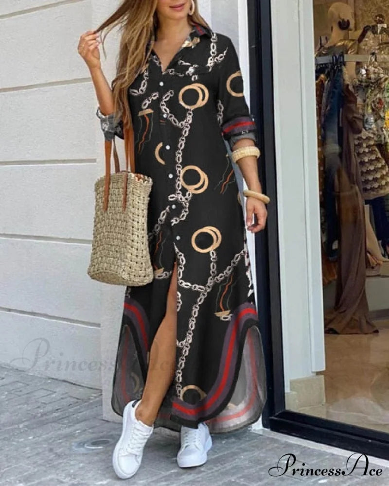 Casual Gown Button Commuter Blouse Loose Size Style Long Home Women’s Street Large Gown Print Style 8 / S