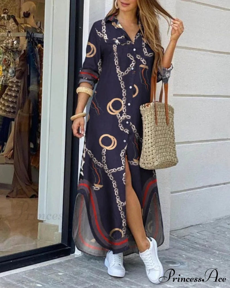 Casual Gown Button Commuter Blouse Loose Size Style Long Home Women’s Street Large Gown Print Style 9 / S