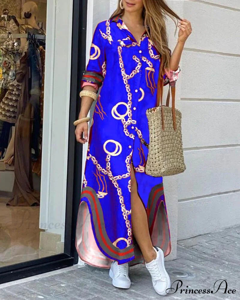 Casual Gown Button Commuter Blouse Loose Size Style Long Home Women’s Street Large Gown Print