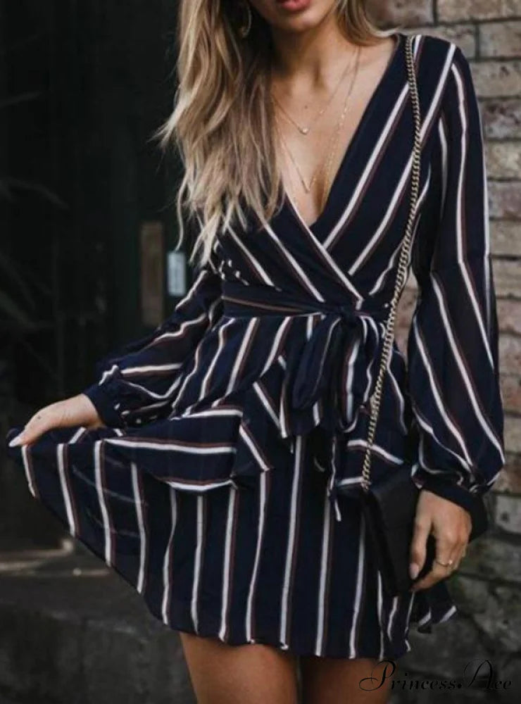 Casual Gown V-Neck Striped Lantern with Sleeves