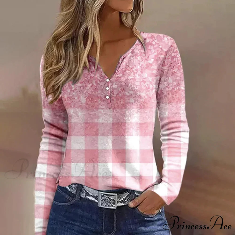 Casual Gradient Plaid Blouse Pink / S