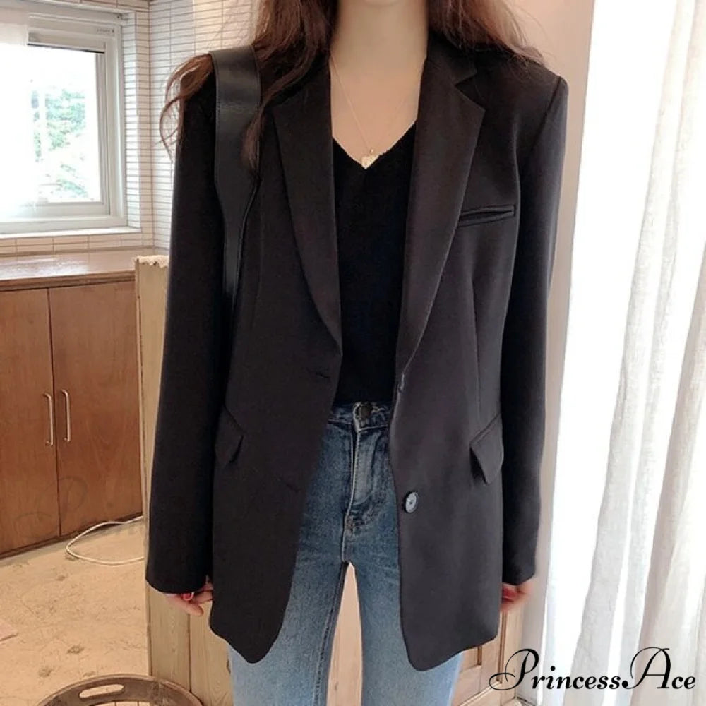 Casual Grey Solid Colors Single Breasted Blazer Black / XS